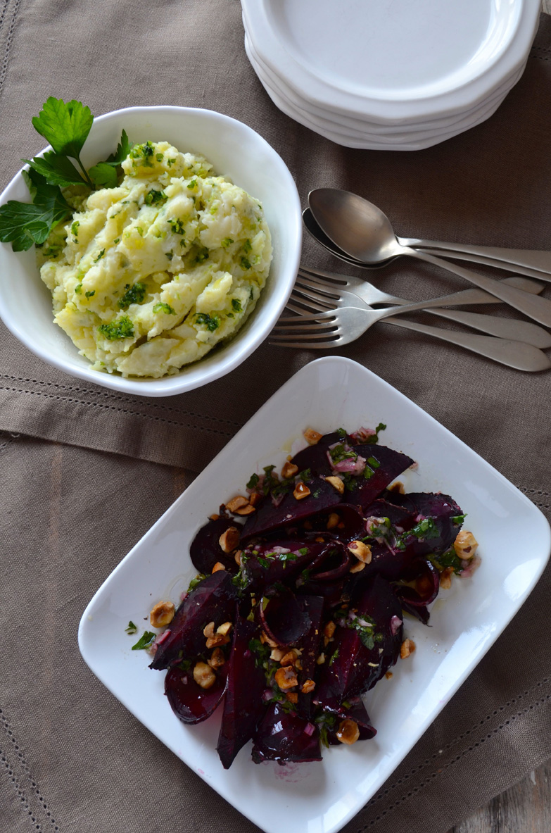 Roasted beets with hazelnut picada and mashed potatoes with majado